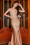 Trendy Mermaid Spaghetti Straps Champagne Corset Evening Dress with Beading