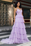 Purple Princess A Line Spaghetti Straps Corset Prom Dress with Appliques Ruffles