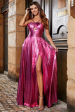 Golden A-Line Spaghetti Straps Pleated Sparkly Metallic Prom Dress with Slit