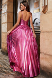 Hot Pink A-Line Spaghetti Straps Pleated Sparkly Metallic Prom Dress with Slit