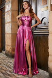 Hot Pink A-Line Spaghetti Straps Pleated Sparkly Metallic Prom Dress with Slit