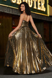 Hot Pink A-Line Spaghetti Straps Pleated Sparkly Metallic Prom Dress with Slit