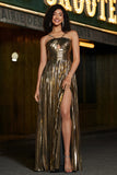 Hot Pink A-Line Spaghetti Straps Pleated Sparkly Metallic Prom Dress with Slit