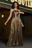 Hot Pink A-Line Spaghetti Straps Pleated Sparkly Metallic Prom Dress with Slit