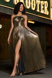 Golden A-Line Spaghetti Straps Pleated Sparkly Metallic Prom Dress with Slit