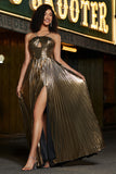 Hot Pink A-Line Spaghetti Straps Pleated Sparkly Metallic Prom Dress with Slit