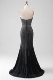Sparkly Black Strapless Beaded Mermaid Prom Dress with Slit