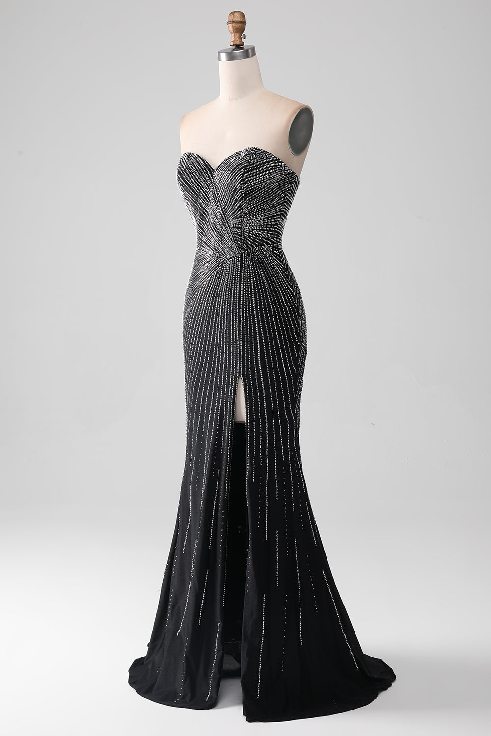 Sparkly Black Strapless Beaded Mermaid Prom Dress with Slit