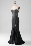 Sparkly Black Strapless Beaded Mermaid Prom Dress with Slit