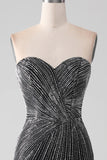 Sparkly Black Strapless Beaded Mermaid Prom Dress with Slit