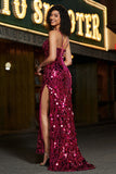 Spaghetti Straps Hot Pink Sparkly Mermaid Sequins Long Prom Dress with Slit