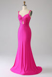 Sparkly Mermaid Hot Pink Prom Dress with Hollow-out