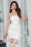 Modest White Sheath Spaghetti Straps Long Graduation Dress with Flowers