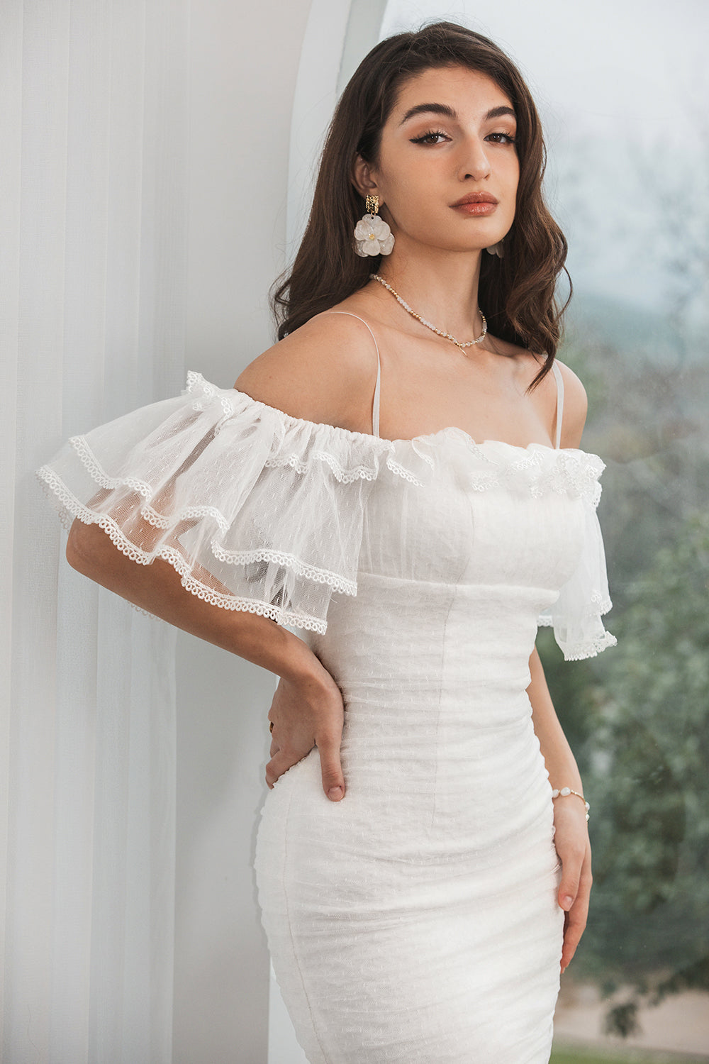 White Bodycon Ruffled Short Classy Graduation Dress