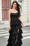 Stylish A Line Strapless Black Sequins Long Prom Dress with Ruffles