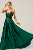 Sparkly Dark Green A-Line Spaghetti Straps Long Prom Dress with Pockets
