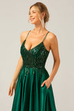 Sparkly Dark Green A-Line Spaghetti Straps Long Prom Dress with Pockets