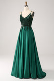 Dark Green A-Line Spaghetti Straps Long Wedding Party Dress