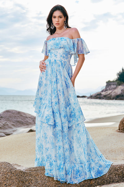 off shoulder flower dress Antoinettes Floral Off-Shoulder Ballerina Dress Blue