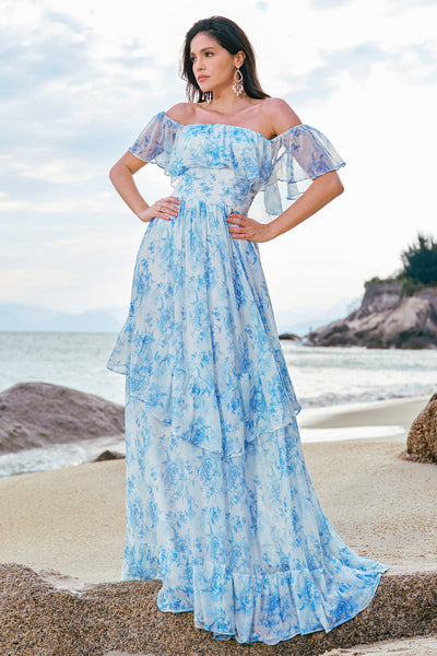 Zapaka Women Off the Shoulder White Blue Floral Bridesmaid Dress with Ruffles Boho Long Wedding Guest Dress, Blue / US16