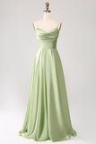 Dusty Sage A Line Cowl Neck Satin Long Prom Dress with Pleated