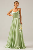 Dusty Sage A Line Cowl Neck Satin Long Bridesmaid Dress with Pleated