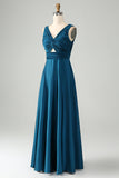 Ink Blue A Line V Neck Keyhole Long Bridesmaid Dress