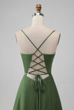 Green Satin V Neck A-line Long Bridesmaid Dress