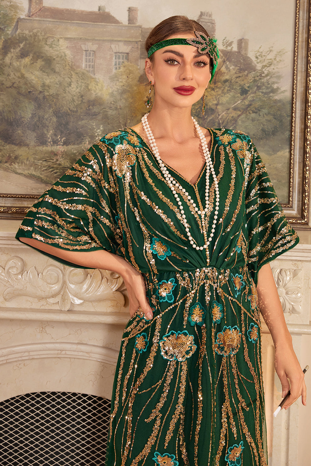 Sparkly Dark Green Flowers Sequins Long 1920s Dress with Accessories Set