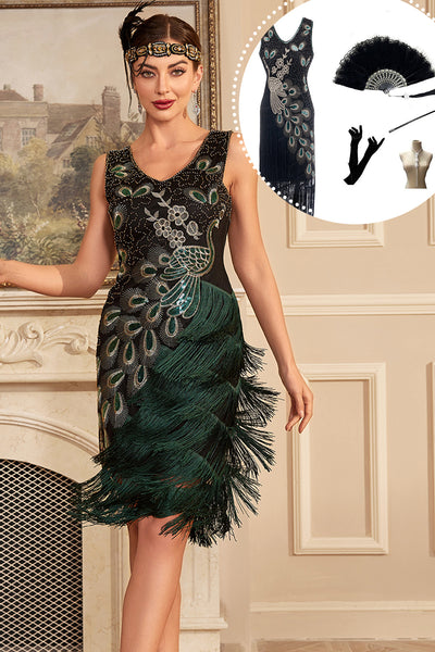 Sparkly Black Golden Sequins Fringed 1920s Dress with Accessories Set main image 1
