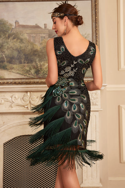 Black Golden V-Neck Bodycon Fringed 1920s Dress With 5-Piece Accessories Set