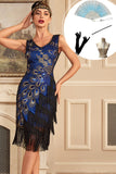 Sparkly Royal Blue Fringed Beaded 1920s Dress with Accessories Set