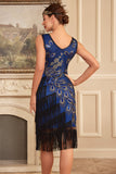 Sparkly Royal Blue Fringed Beaded 1920s Dress with Accessories Set