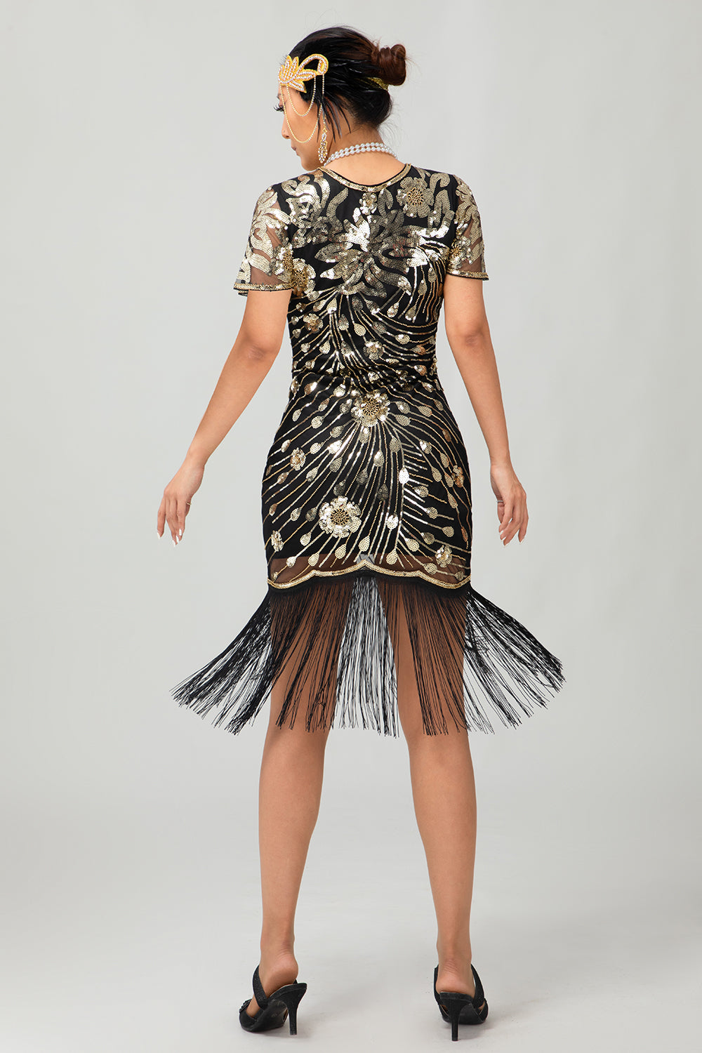 Black Golden Sequin Fringe 1920s Dress with 5-Piece Accessories Set