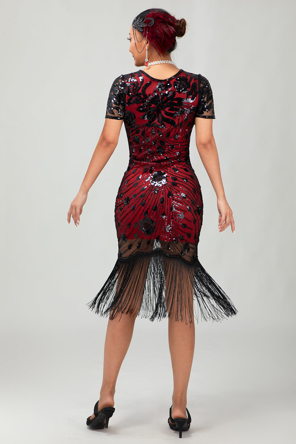 Black Red Bodycon Fringed Sequin 1920s Dress With 5-Piece Accessories Set
