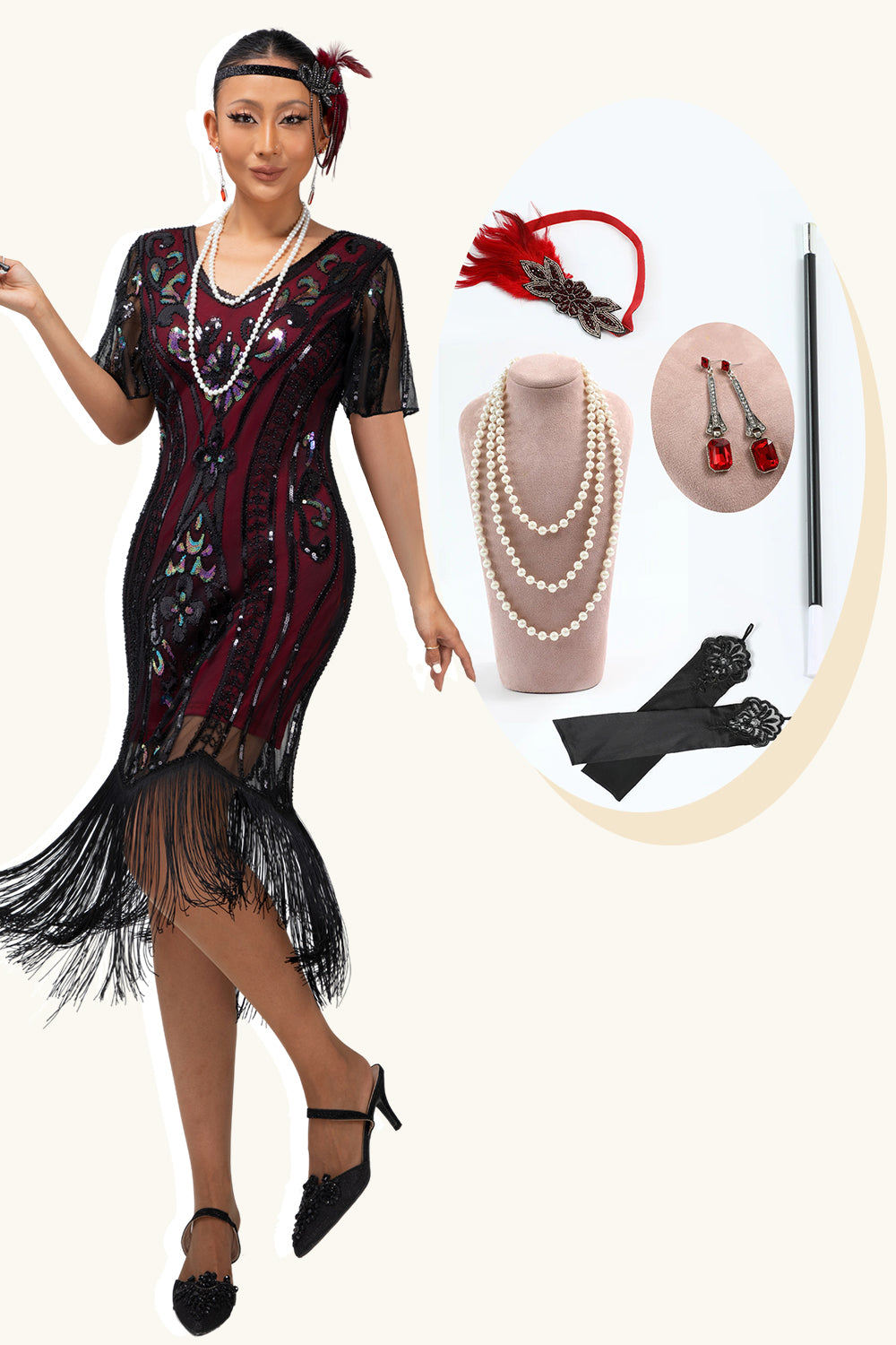 Burgundy Tight Fringed 1920s Dress With Sequins