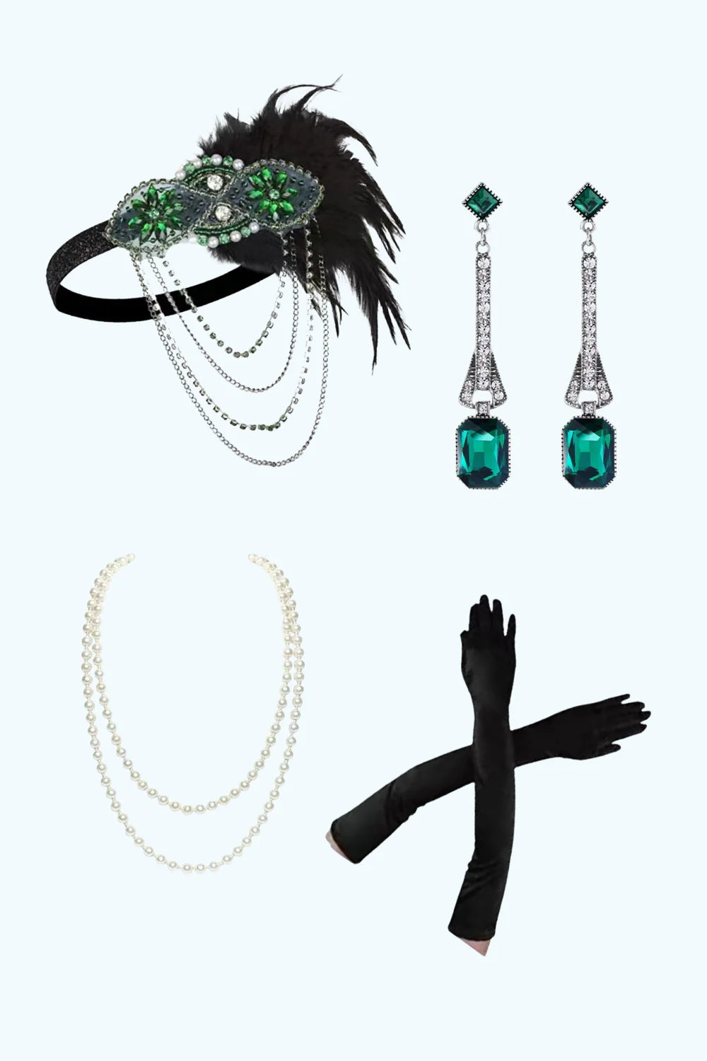 Dark Green Sequin Fringe 1920s Dress with 4-Piece Accessories Set