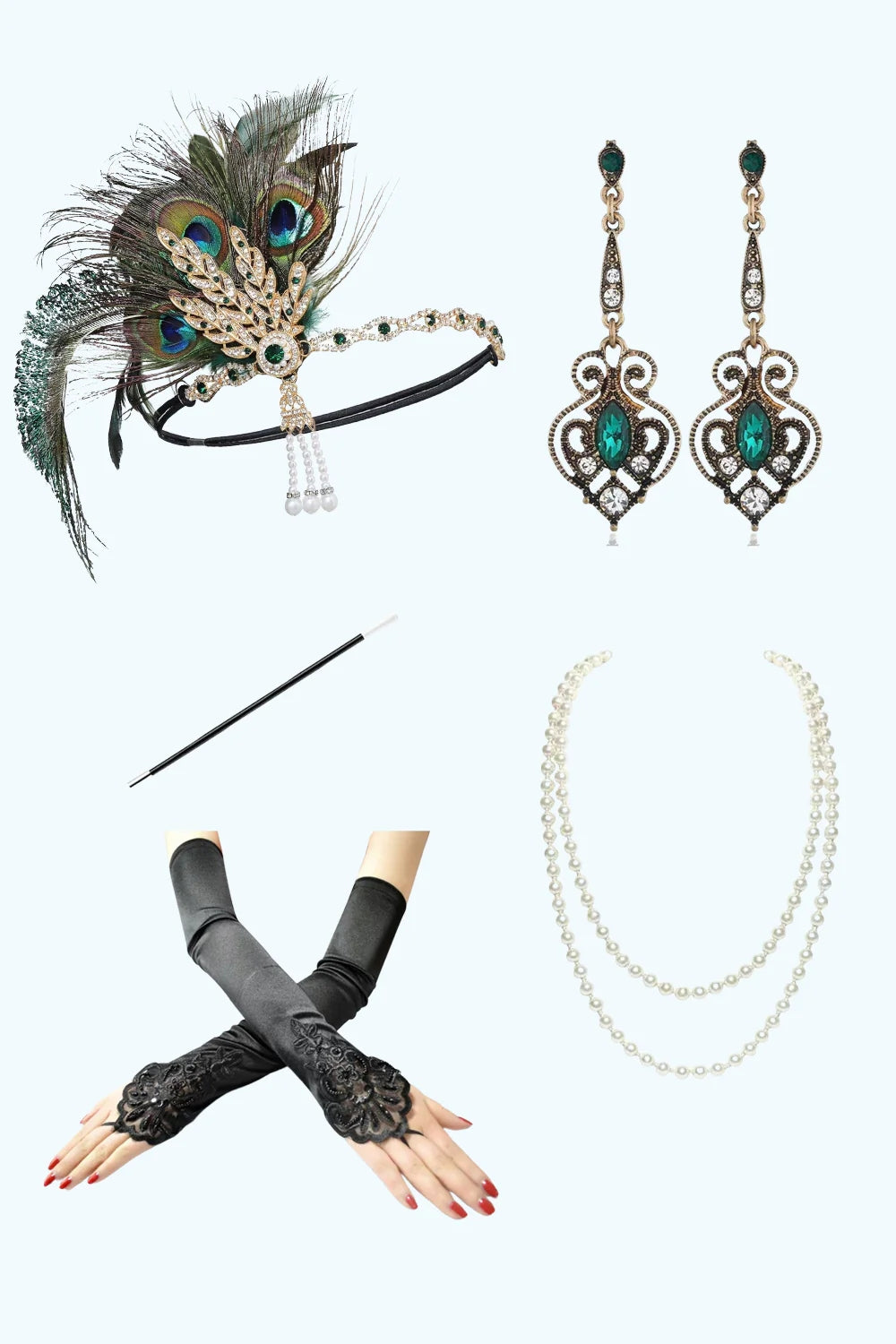 Dark Green Sequin Bodycon Tiered Fringed 1920s Dress with With 5-Piece Accessories Set