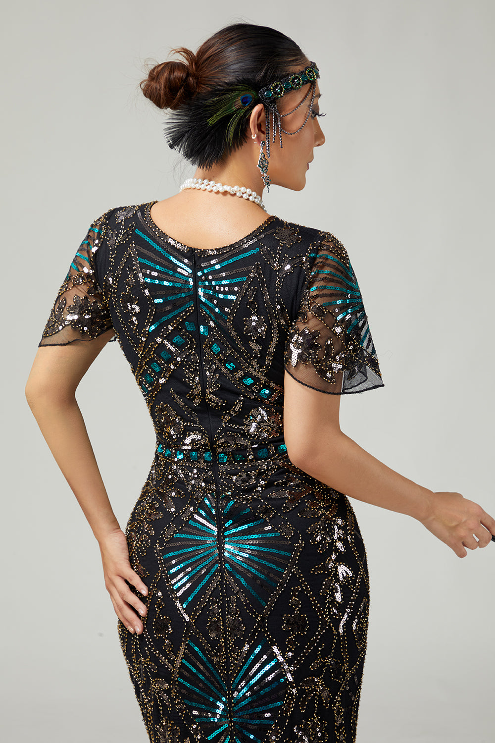Black Blue Sequin Bodycon Fringed 1920s Dress with with 5-Piece Accessories Set
