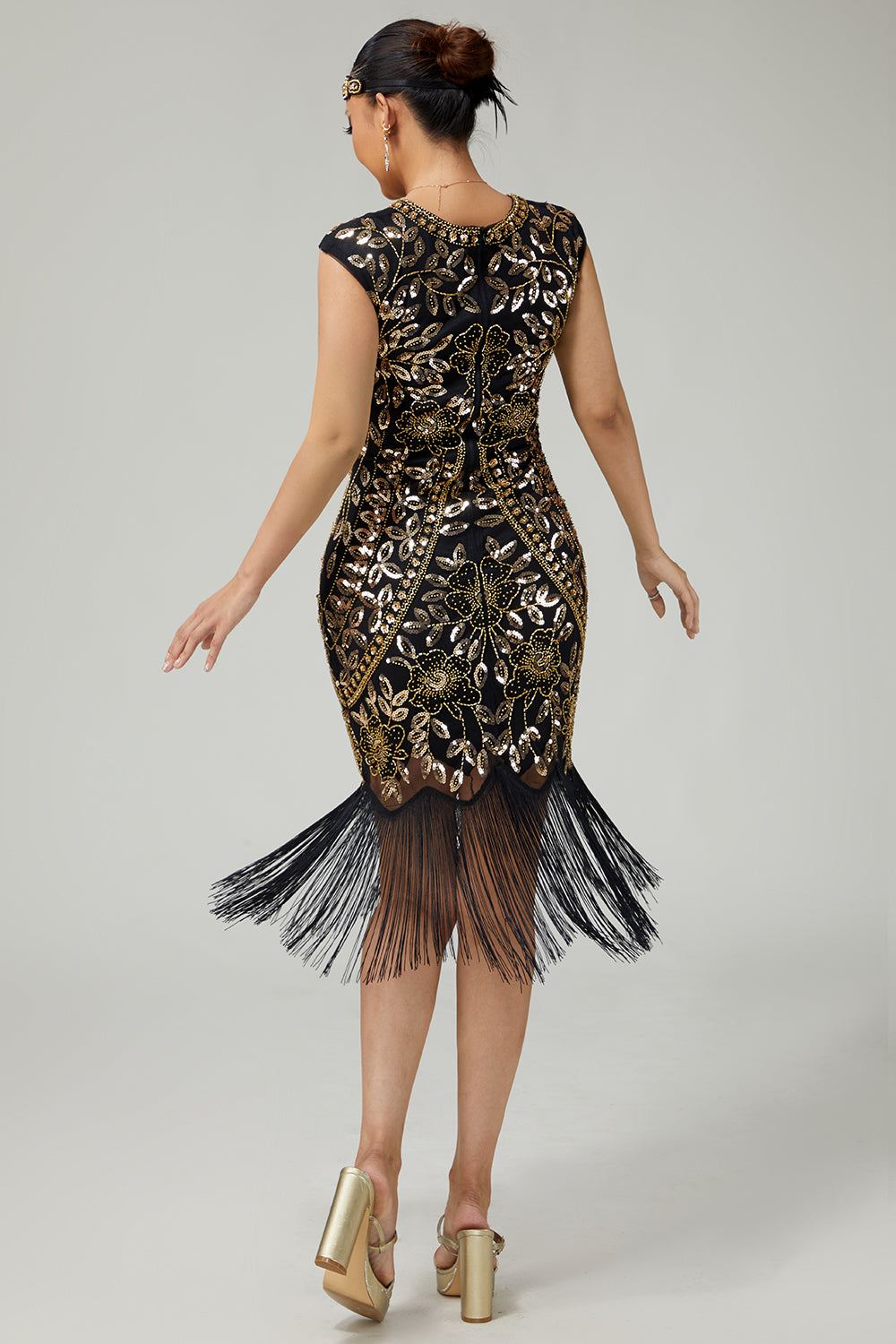 Sparkly Black Golden Bodycon Fringed 1920s Dress With 5-Piece Accessories Set