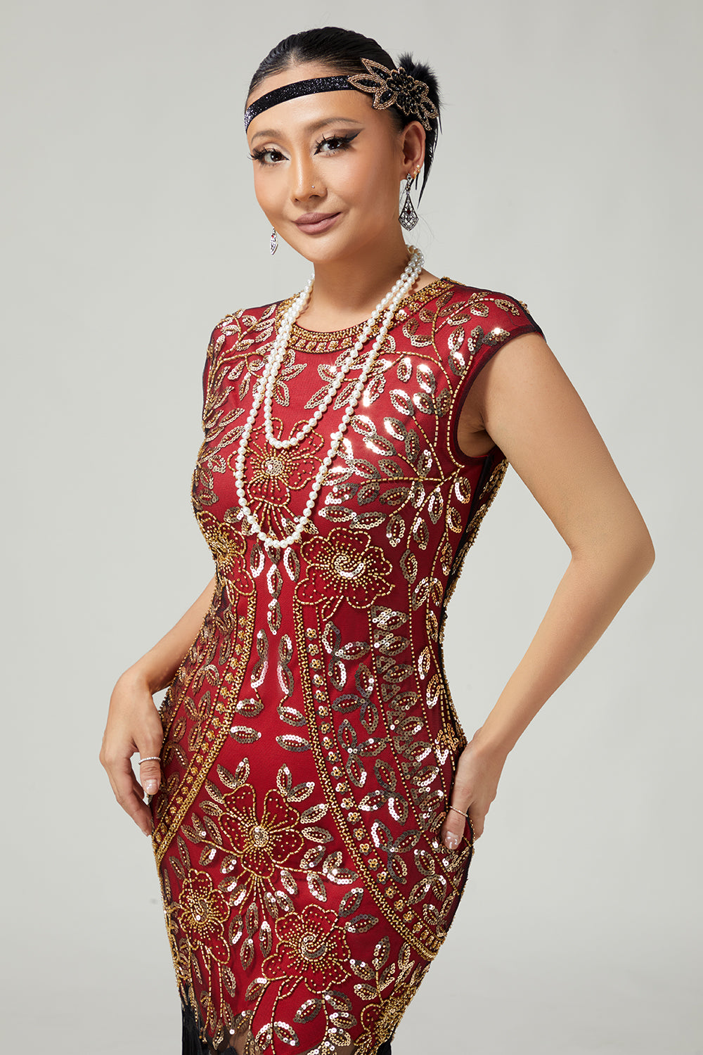 Red Golden Sequins Bodycon Fringed 1920s Dress With 5-Piece Accessories Set