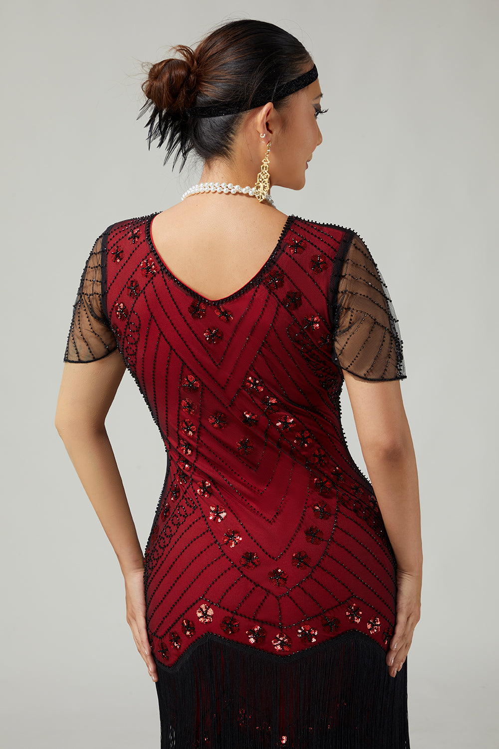 Black Red Fringed Bodycon Beaded 1920s Dress With 5-Piece Accessories Set