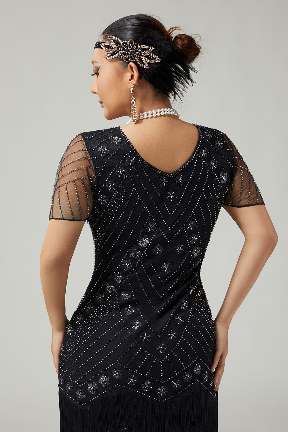 Black Silver Beaded Bodycon Fringed 1920s Dress With 5-Piece Accessories Set