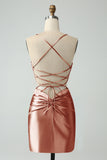 Gold Bodycon Spaghetti Straps Satin Homecoing Dress with Criss Cross Back
