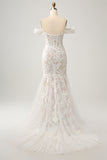 White Mermaid Off the Shoulder Sweep Train Bridal Dress with Applique Lace