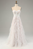 White A Line Sweetheart Sweep Train Corset Wedding Dress with Applique Lace