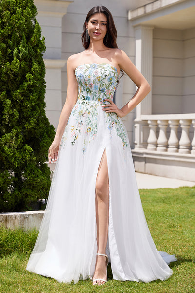 Zapaka Women White Wedding Dress with Slit Strapless 3D Flowers Tulle A