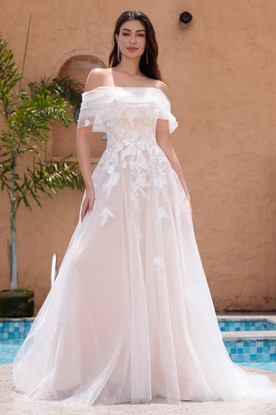 Zapaka Women White Wedding Dress A Line Off The Shoulder Tulle Lace Bridal Party Dress with Embroidery, White / US4