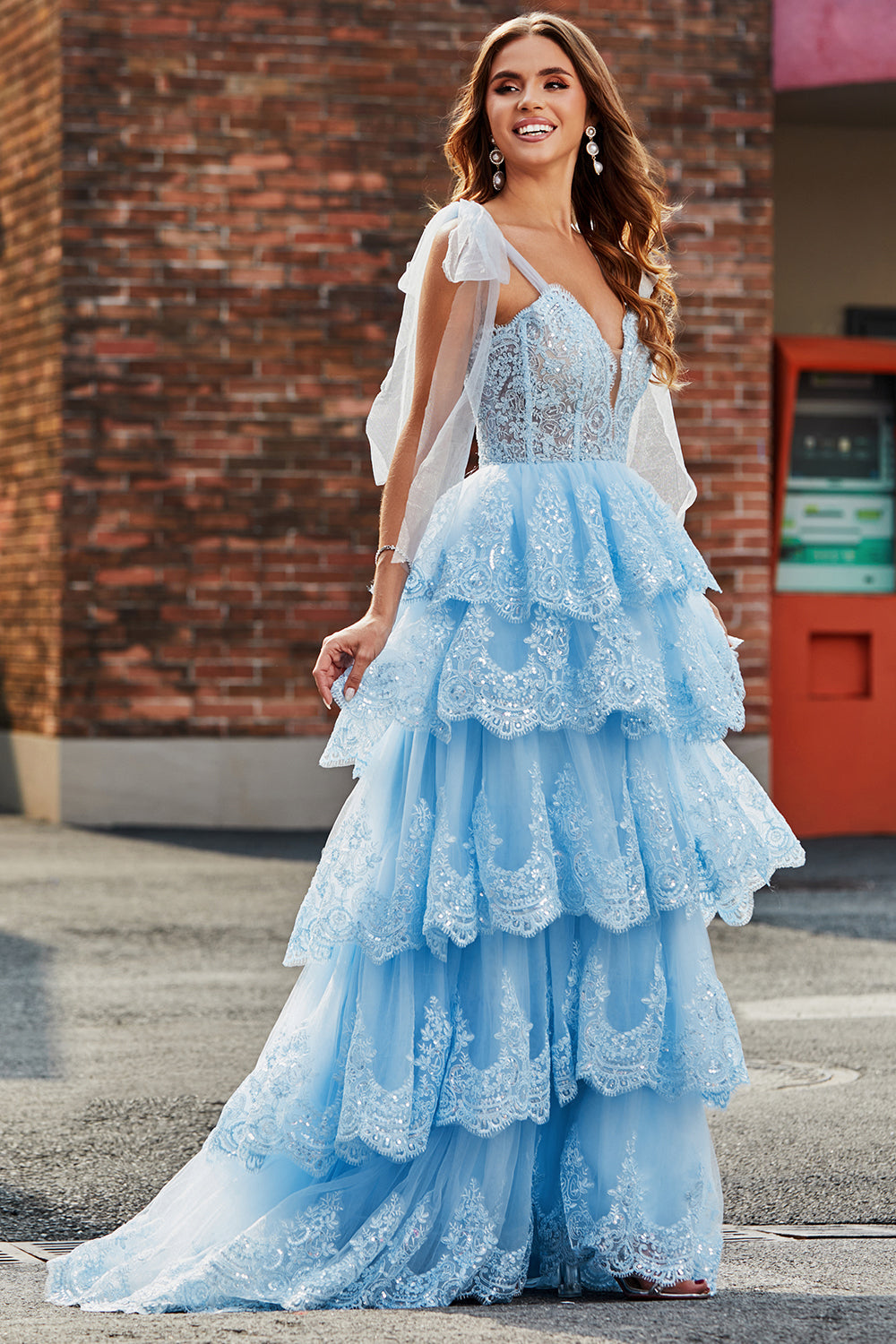 Tiered Tulle Sweetheart Bow Tie Straps Sequin Prom Dress with Accessory