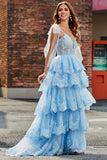 Tiered Tulle Sweetheart Bow Tie Straps Sequin Prom Dress with Accessory